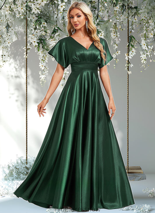 Lilah A-line V-Neck Floor-Length Stretch Satin Bridesmaid Dress HPP0025782