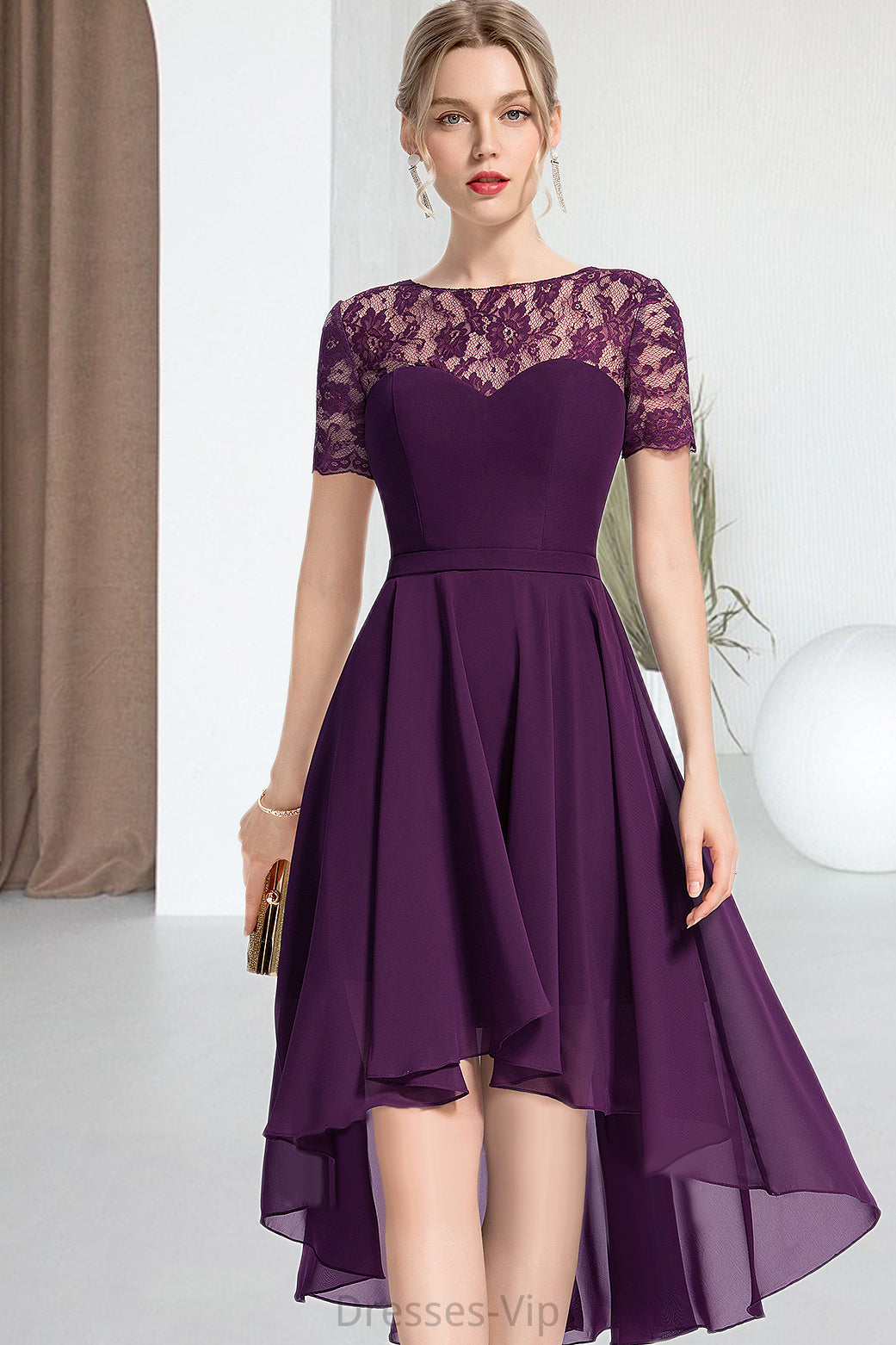 Samantha A-line Scoop Asymmetrical Chiffon Lace Homecoming Dress HPP0020587