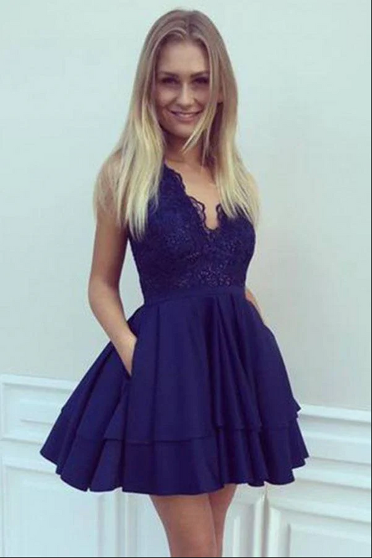 A-Line V Neck Short Navy Blue Satin Homecoming Dresses with Lace Sequins Pockets