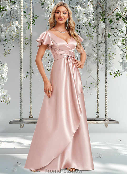 Iris A-line V-Neck Floor-Length Stretch Satin Bridesmaid Dress With Ruffle HPP0025787