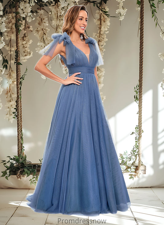 Ryleigh A-line V-Neck Sweep Train Tulle Prom Dresses With Bow HPP0025854