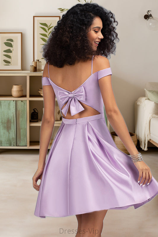 Thelma A-line Off the Shoulder Short/Mini Satin Homecoming Dress With Bow HPP0020568