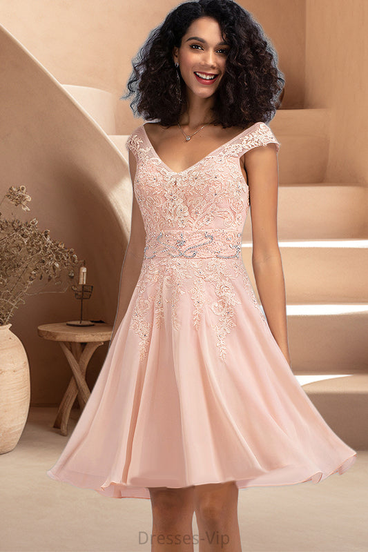 Emma A-line V-Neck Knee-Length Chiffon Lace Homecoming Dress With Beading HPP0020565