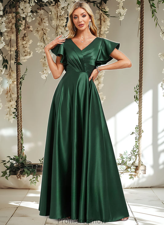 Willow A-line V-Neck Floor-Length Satin Bridesmaid Dress With Ruffle HPP0025777