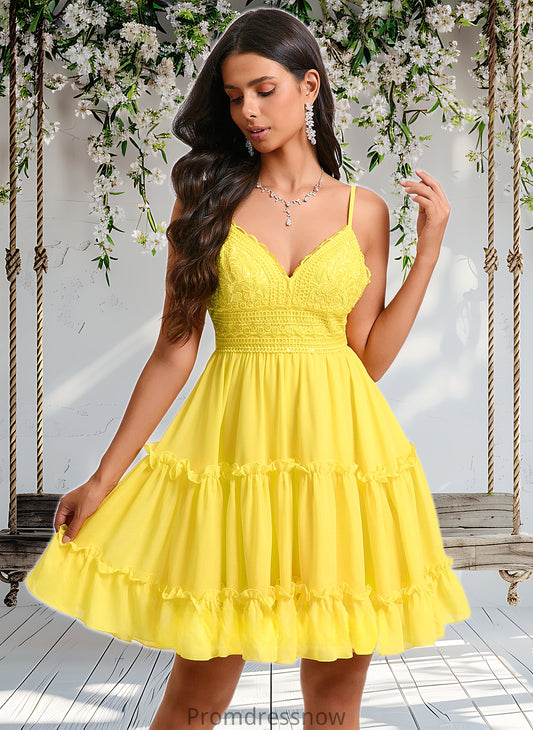 Tessa A-line V-Neck Short Chiffon Homecoming Dress With Ruffle Sequins HPP0025700