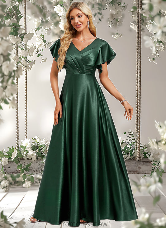 Kaleigh A-line V-Neck Floor-Length Stretch Satin Bridesmaid Dress With Ruffle HPP0025773