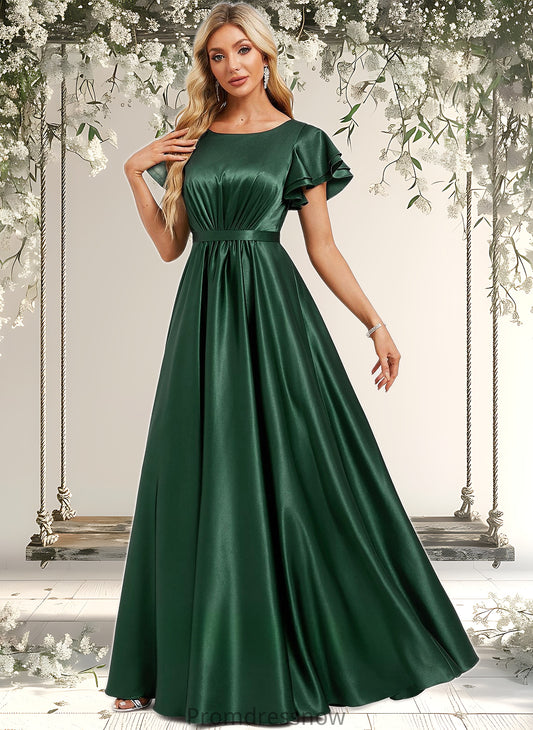 Lyric A-line Scoop Floor-Length Stretch Satin Bridesmaid Dress With Ruffle HPP0025770