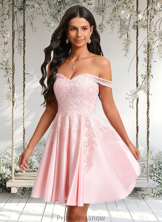 Areli A-line Off the Shoulder Short Satin Homecoming Dress With Rhinestone Beading Appliques Lace HPP0025679