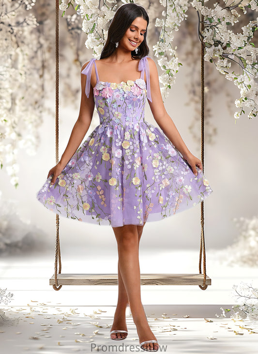 Jaelynn A-line Scoop Short Floral Lace Homecoming Dress With Bow 3D Floral HPP0025695