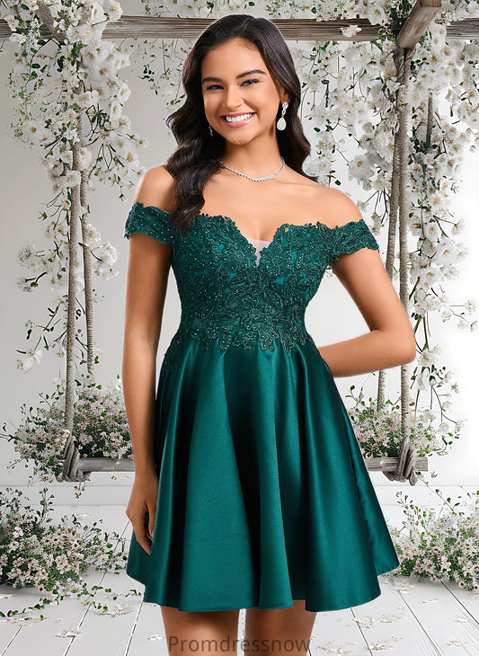 Tara A-line Off the Shoulder Short Lace Satin Homecoming Dress With Rhinestone HPP0025718