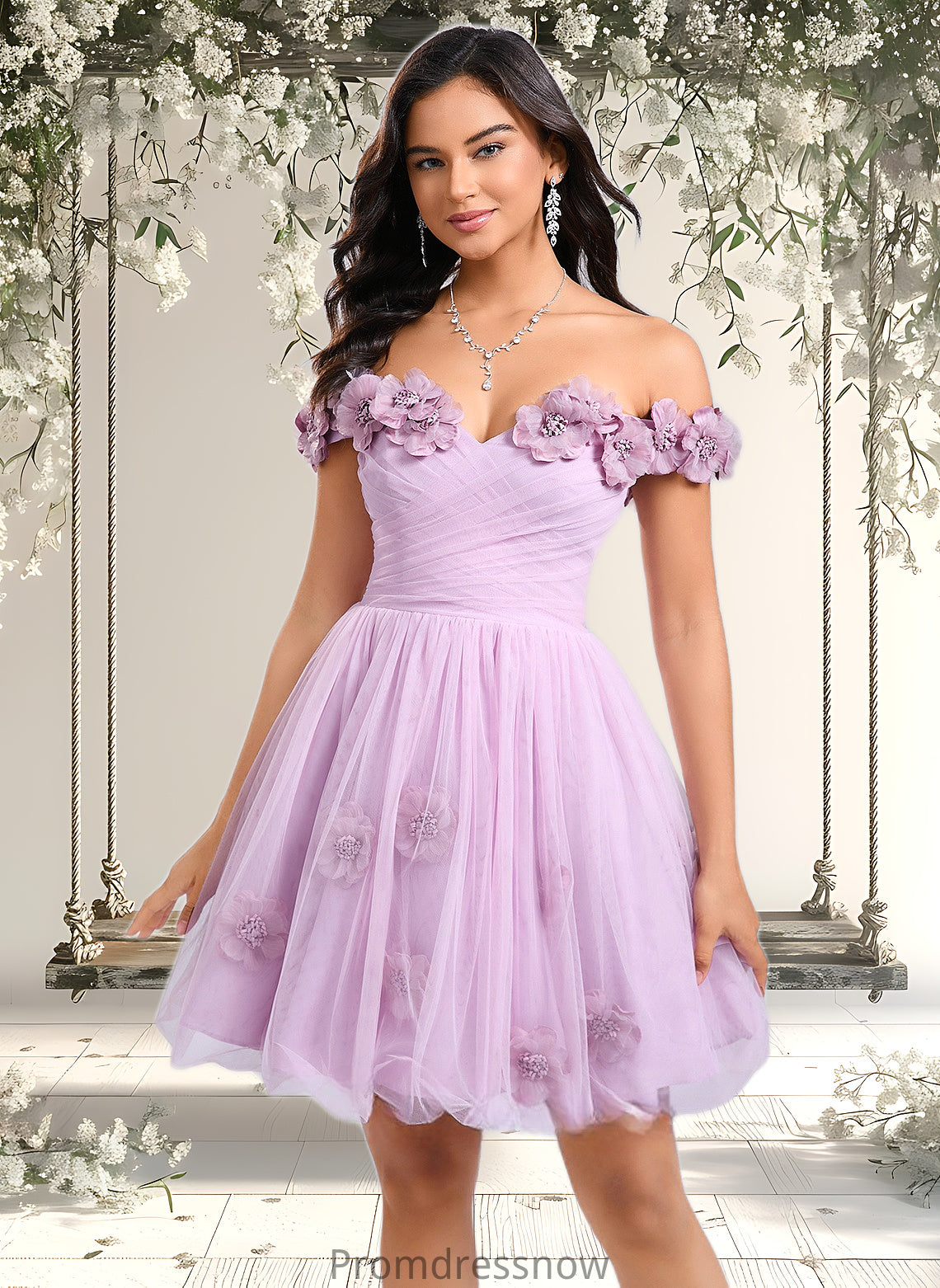 Alayna Ball-Gown/Princess Off the Shoulder Short Tulle Homecoming Dress With Pleated Flower HPP0025668