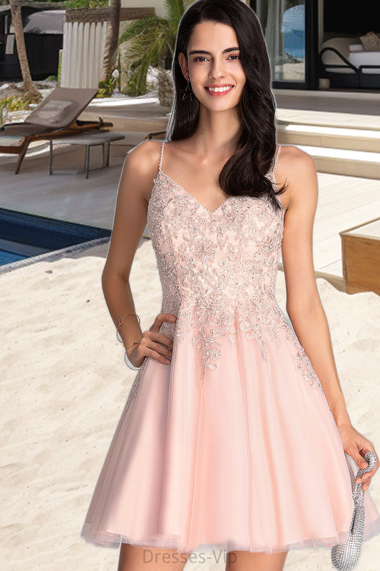 Breanna A-line V-Neck Short/Mini Tulle Homecoming Dress With Beading HPP0020538