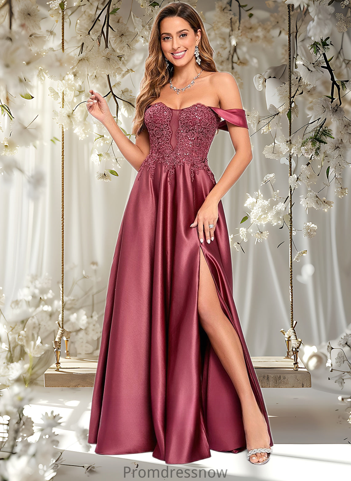 Amira A-line Off the Shoulder Floor-Length Satin Lace Prom Dresses With Sequins HPP0025841