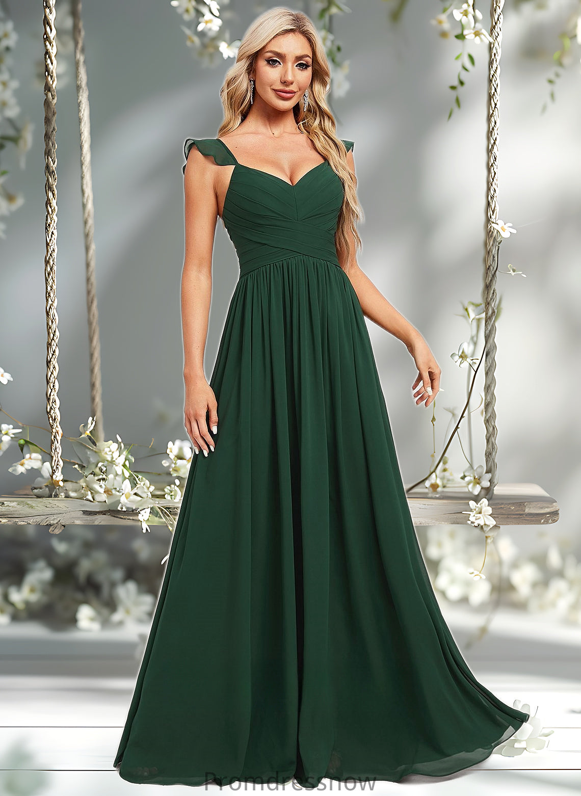 Greta A-line V-Neck Floor-Length Chiffon Bridesmaid Dress With Ruffle HPP0025811