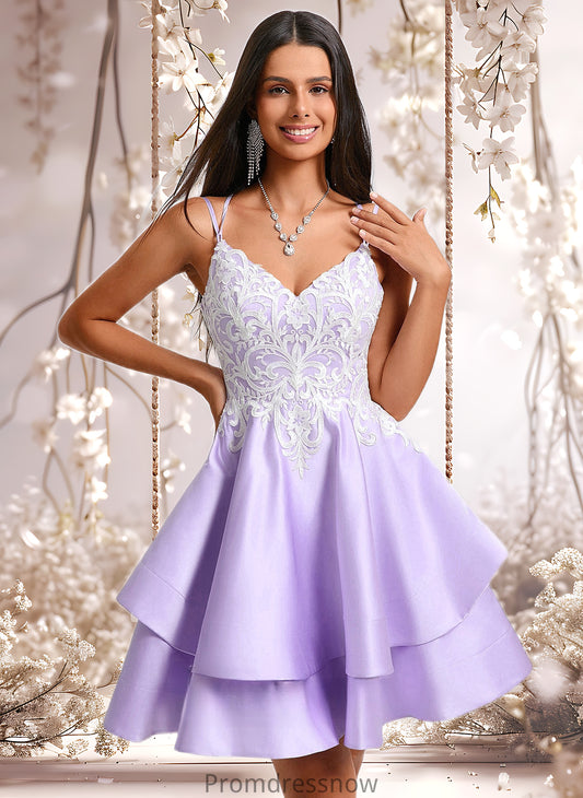 Kiara A-line V-Neck Short Satin Homecoming Dress With Appliques Lace HPP0025696