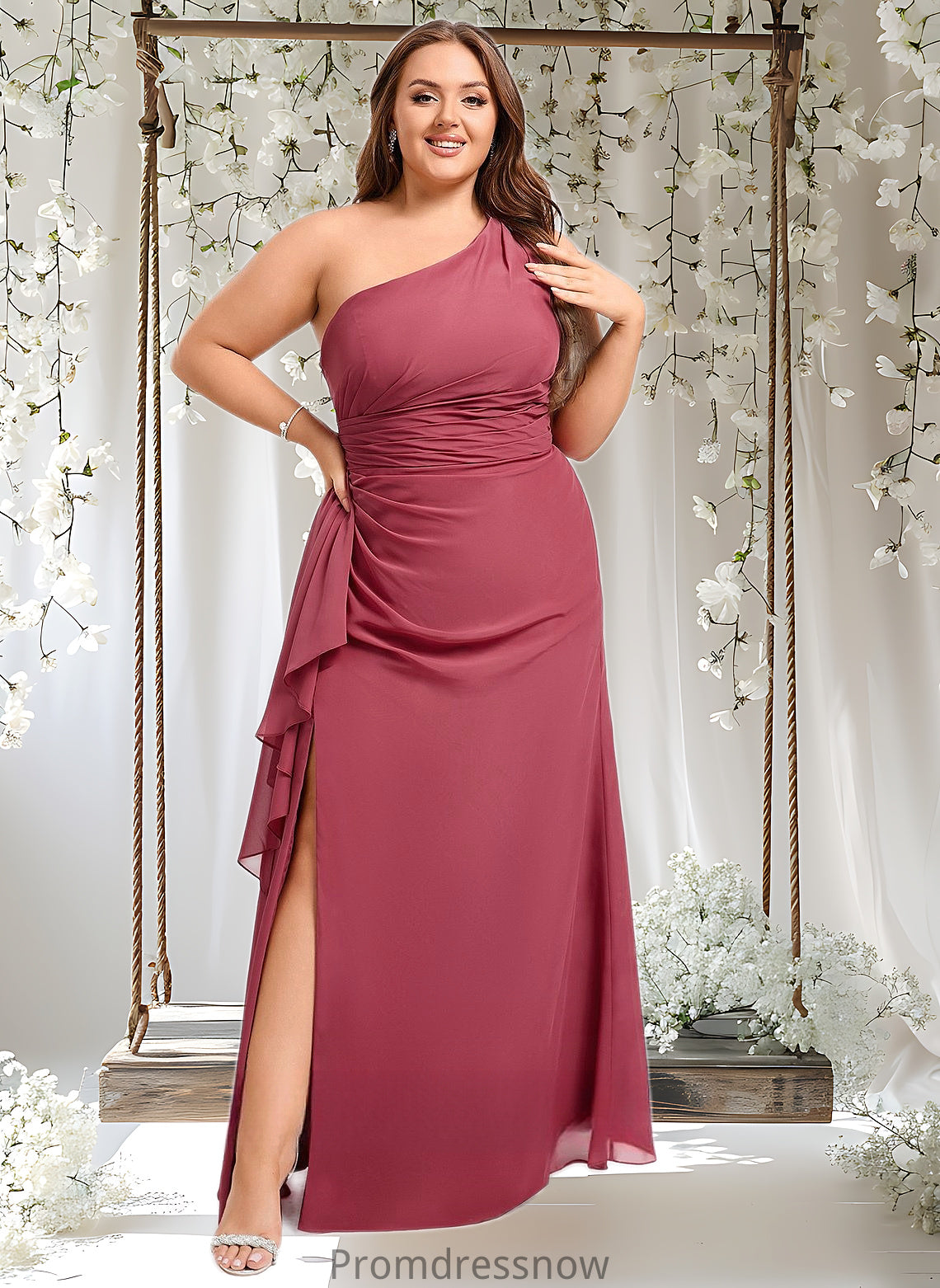 Angela A-line One Shoulder Floor-Length Chiffon Bridesmaid Dress With Ruffle HPP0025824