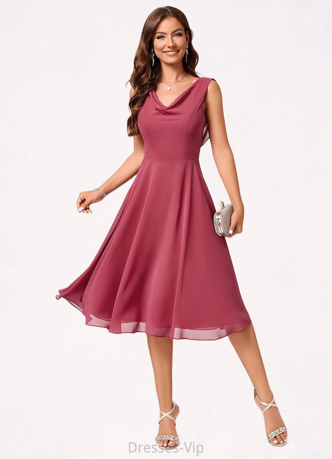 Kylee A-line Cowl Knee-Length Chiffon Cocktail Dress With Ruffle HPP0022232