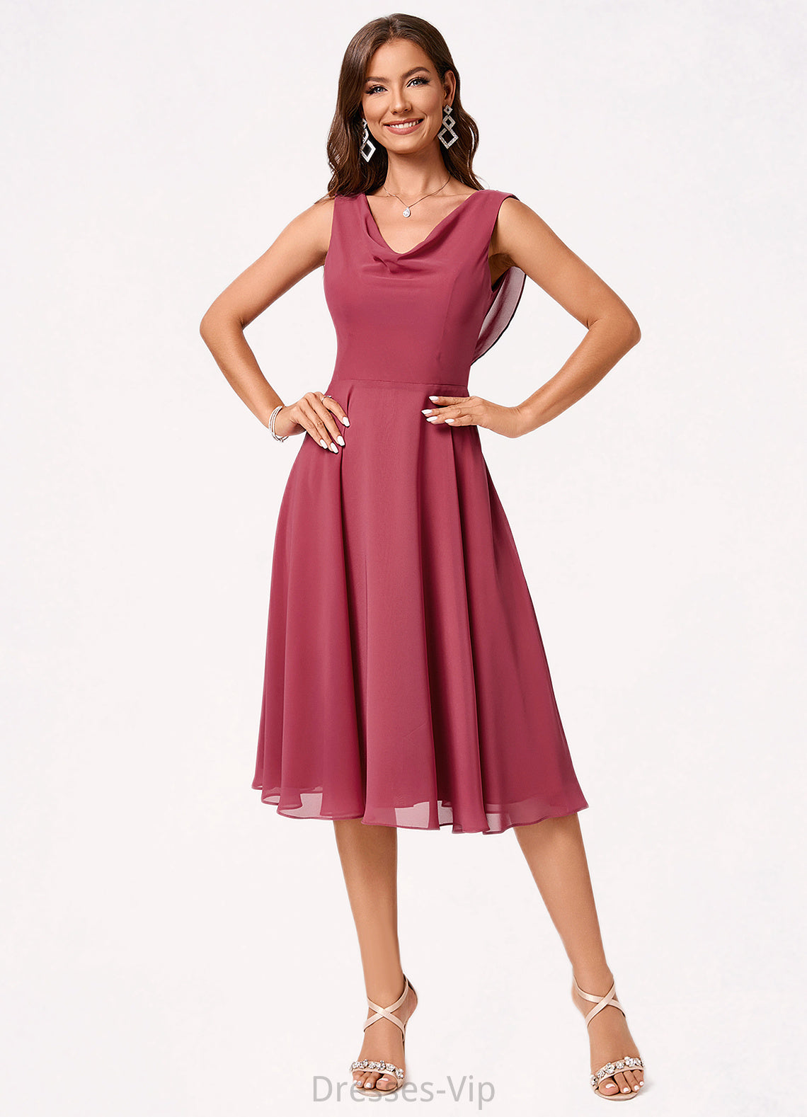 Kylee A-line Cowl Knee-Length Chiffon Cocktail Dress With Ruffle HPP0022232