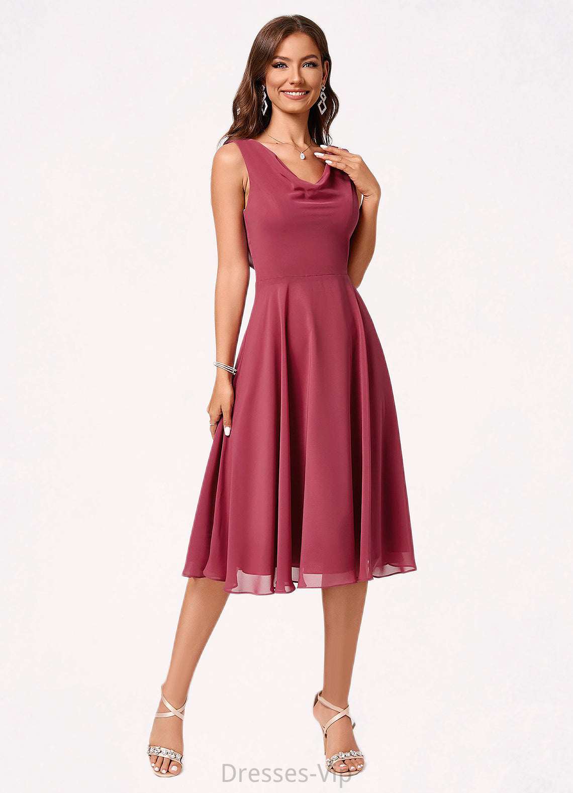 Kylee A-line Cowl Knee-Length Chiffon Cocktail Dress With Ruffle HPP0022232