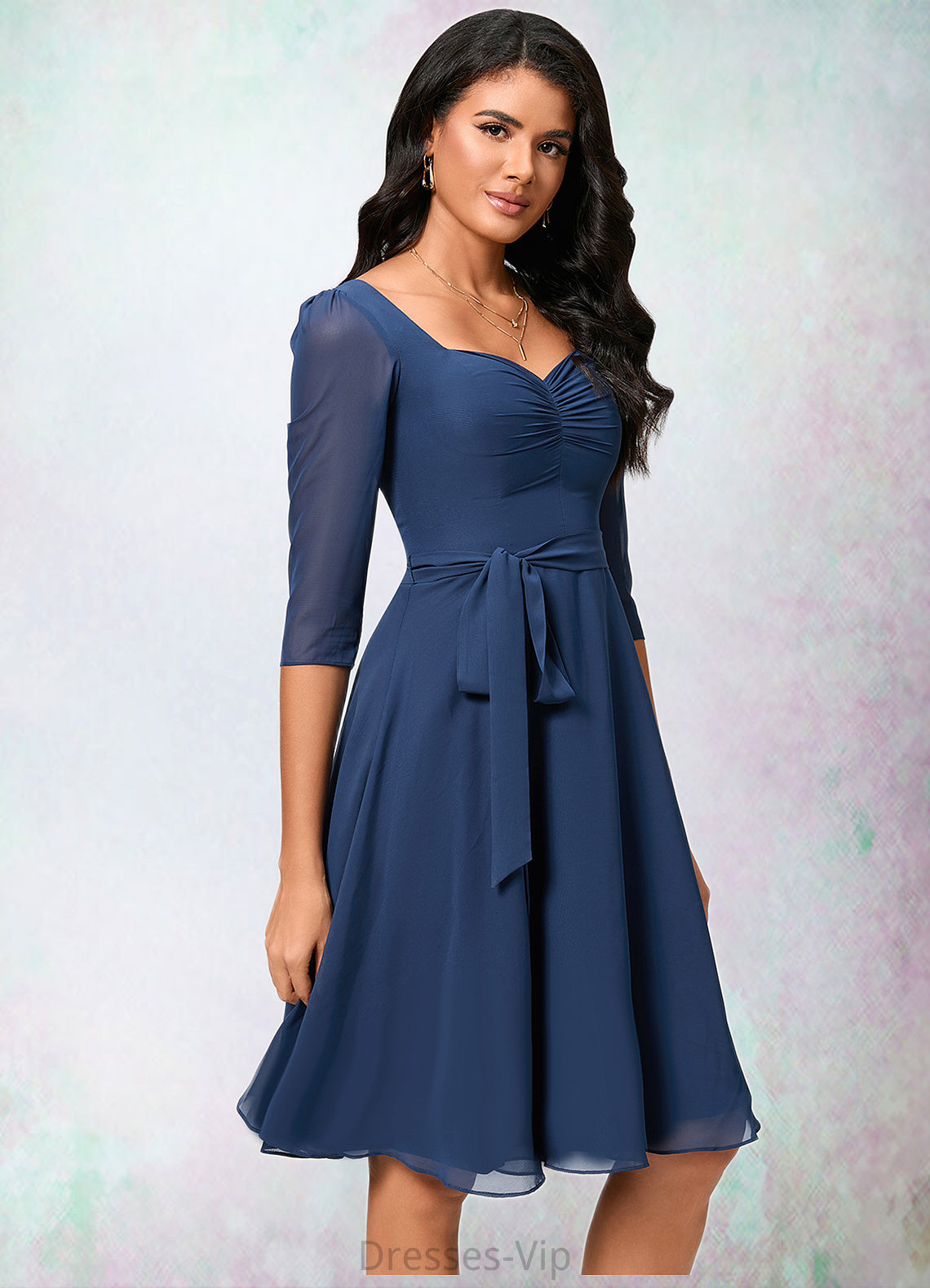 Haylee A-line V-Neck Knee-Length Chiffon Cocktail Dress With Ruffle HPP0022333