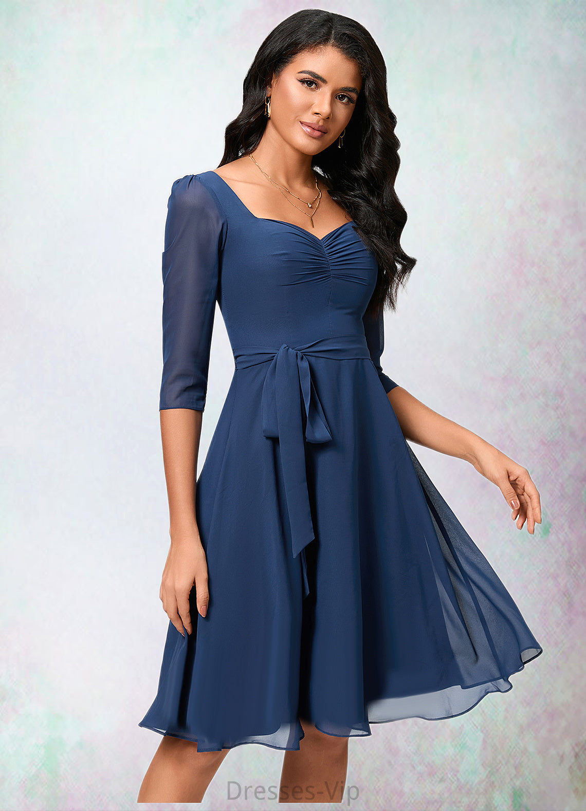 Haylee A-line V-Neck Knee-Length Chiffon Cocktail Dress With Ruffle HPP0022333