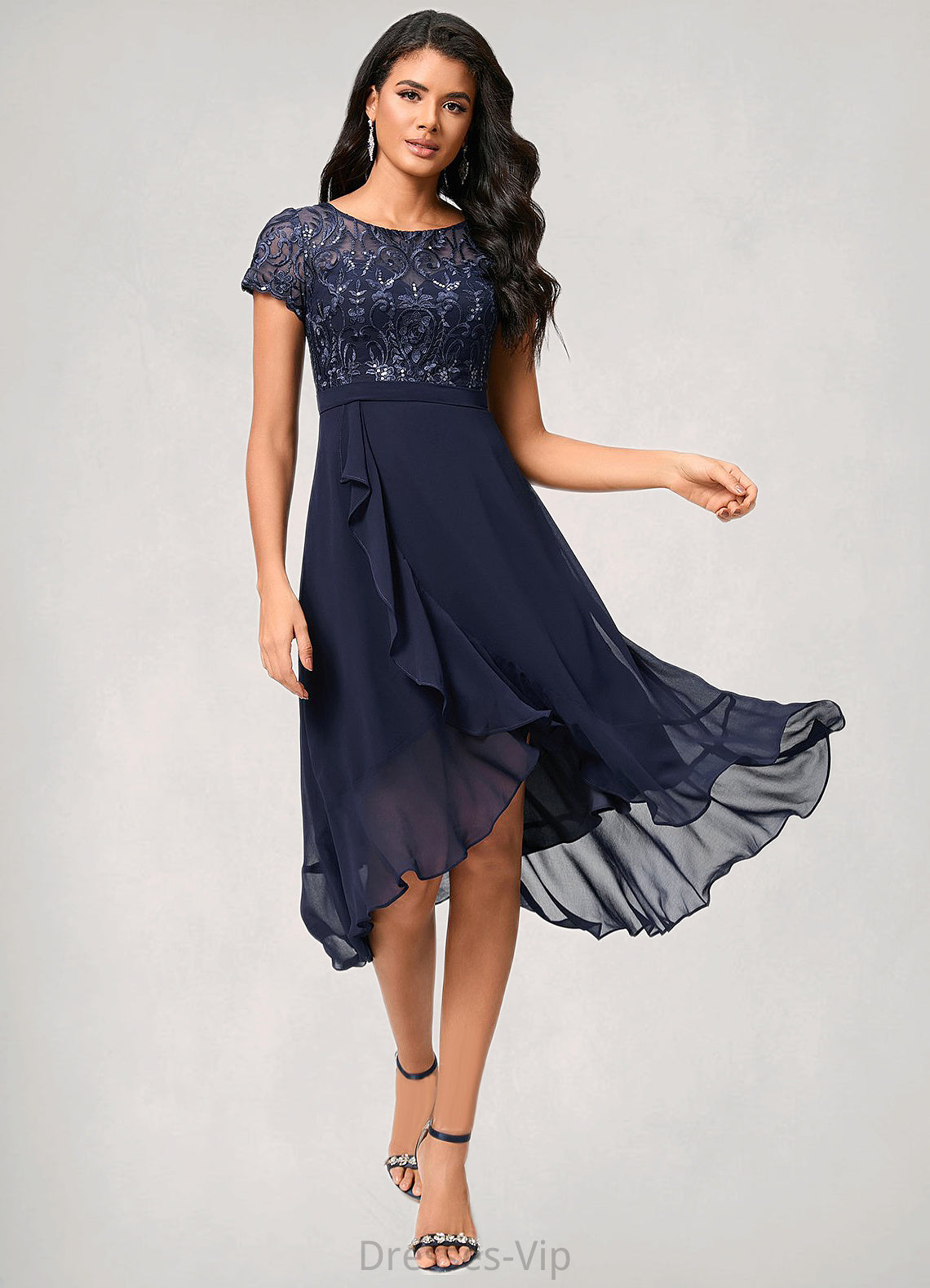 Adalynn A-line Scoop Asymmetrical Chiffon Lace Cocktail Dress With Cascading Ruffles HPP0022334