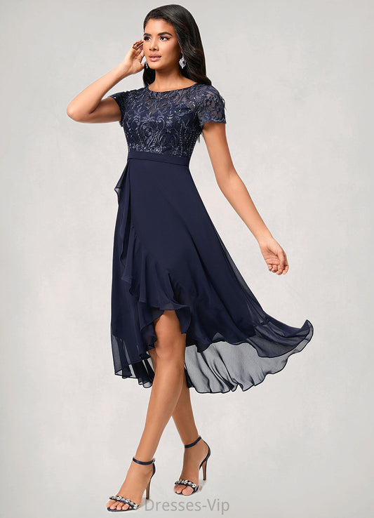 Adalynn A-line Scoop Asymmetrical Chiffon Lace Cocktail Dress With Cascading Ruffles HPP0022334