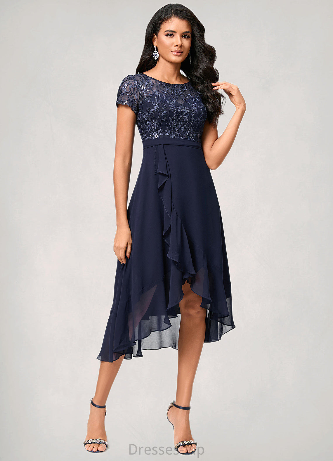 Adalynn A-line Scoop Asymmetrical Chiffon Lace Cocktail Dress With Cascading Ruffles HPP0022334