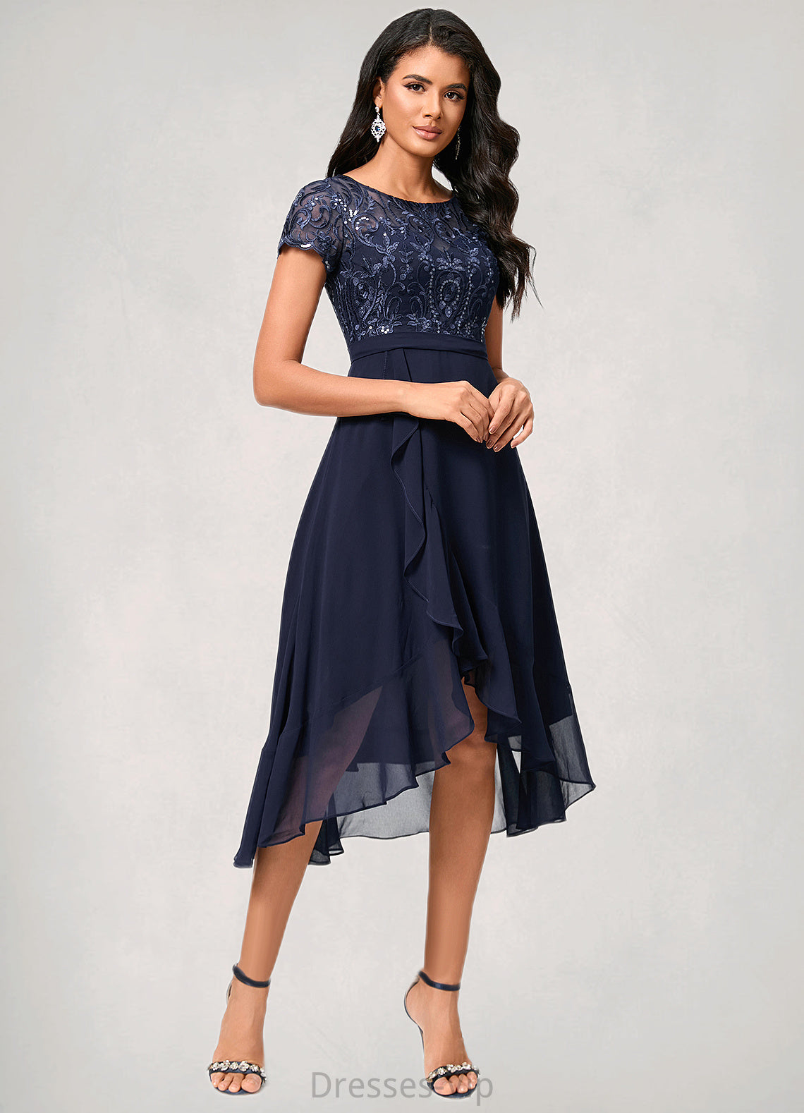 Adalynn A-line Scoop Asymmetrical Chiffon Lace Cocktail Dress With Cascading Ruffles HPP0022334