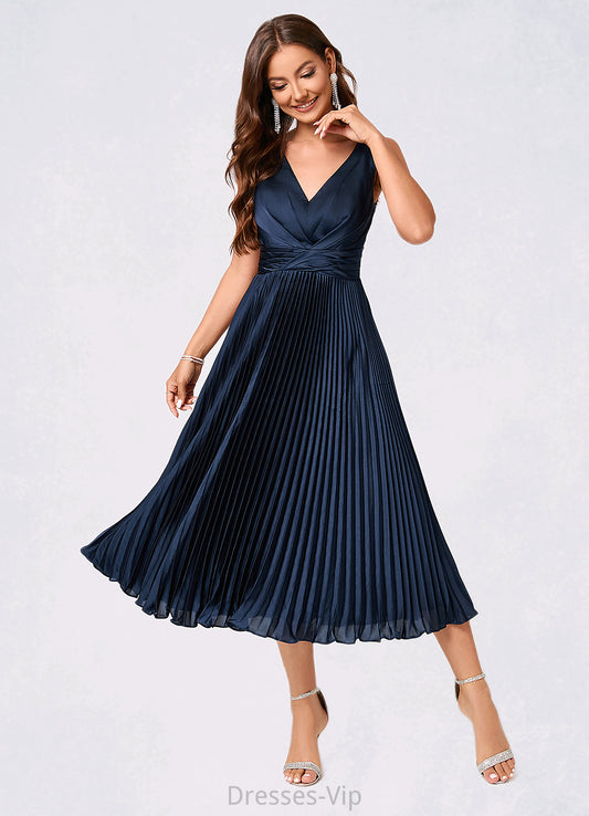 Allyson A-line V-Neck Tea-Length Silky Satin Cocktail Dress With Pleated Ruffle HPP0022341