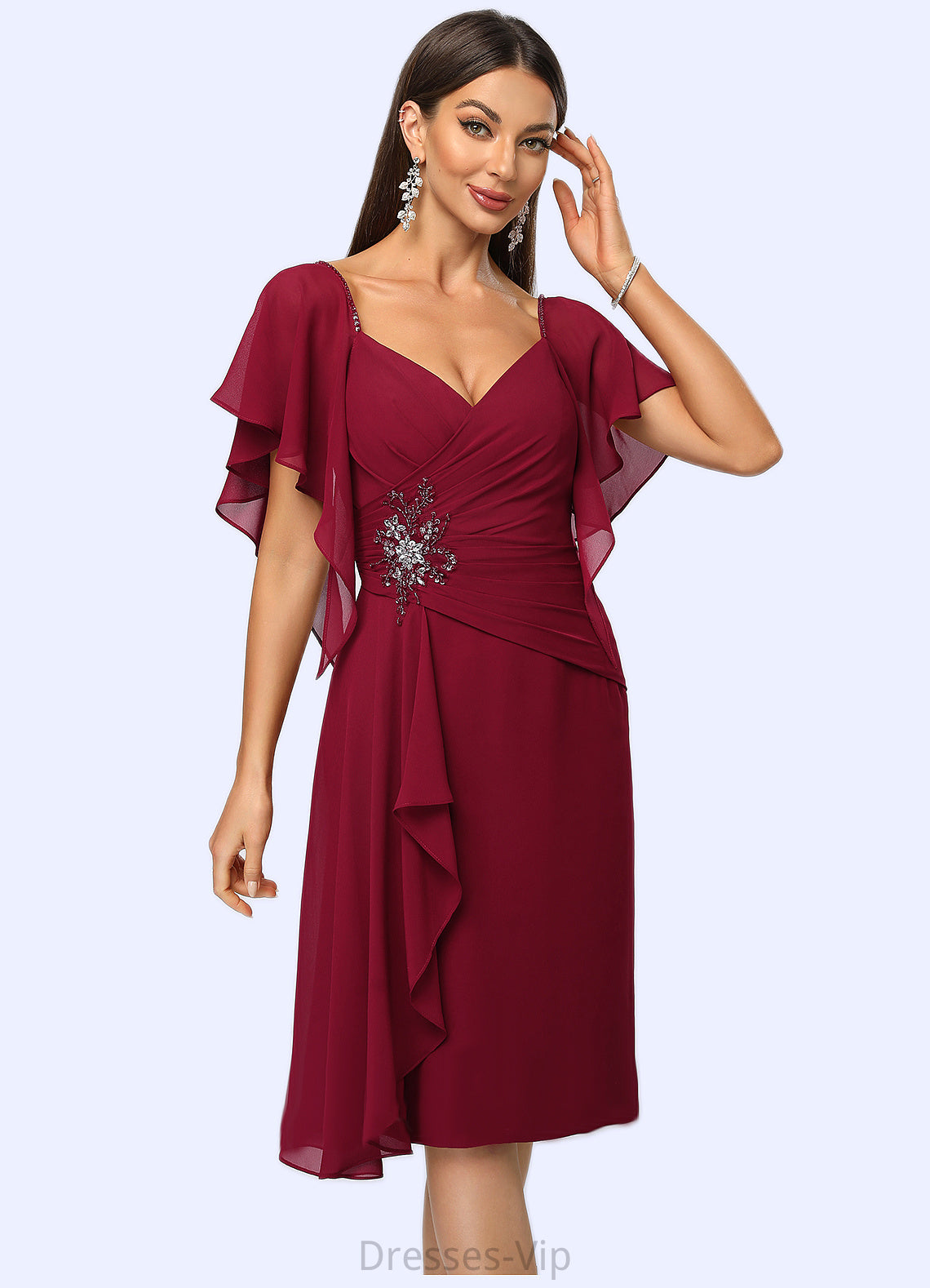 Arabella Sheath/Column V-Neck Knee-Length Chiffon Cocktail Dress With Beading Cascading Ruffles HPP0022350