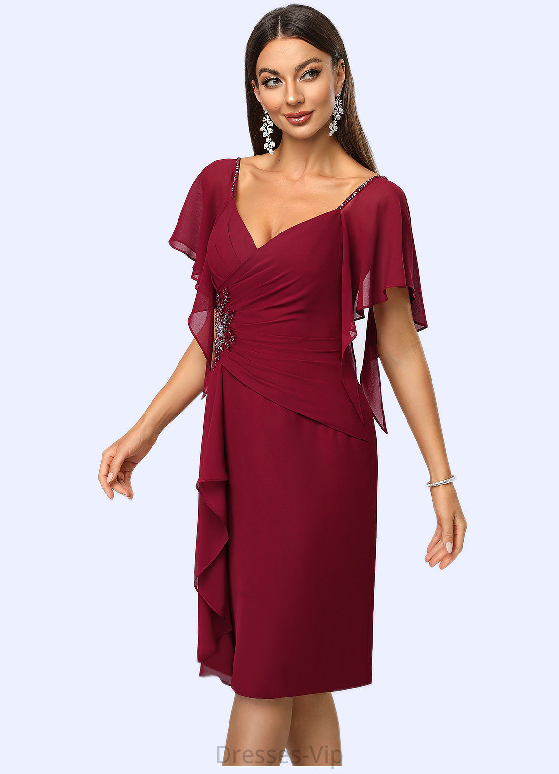 Arabella Sheath/Column V-Neck Knee-Length Chiffon Cocktail Dress With Beading Cascading Ruffles HPP0022350