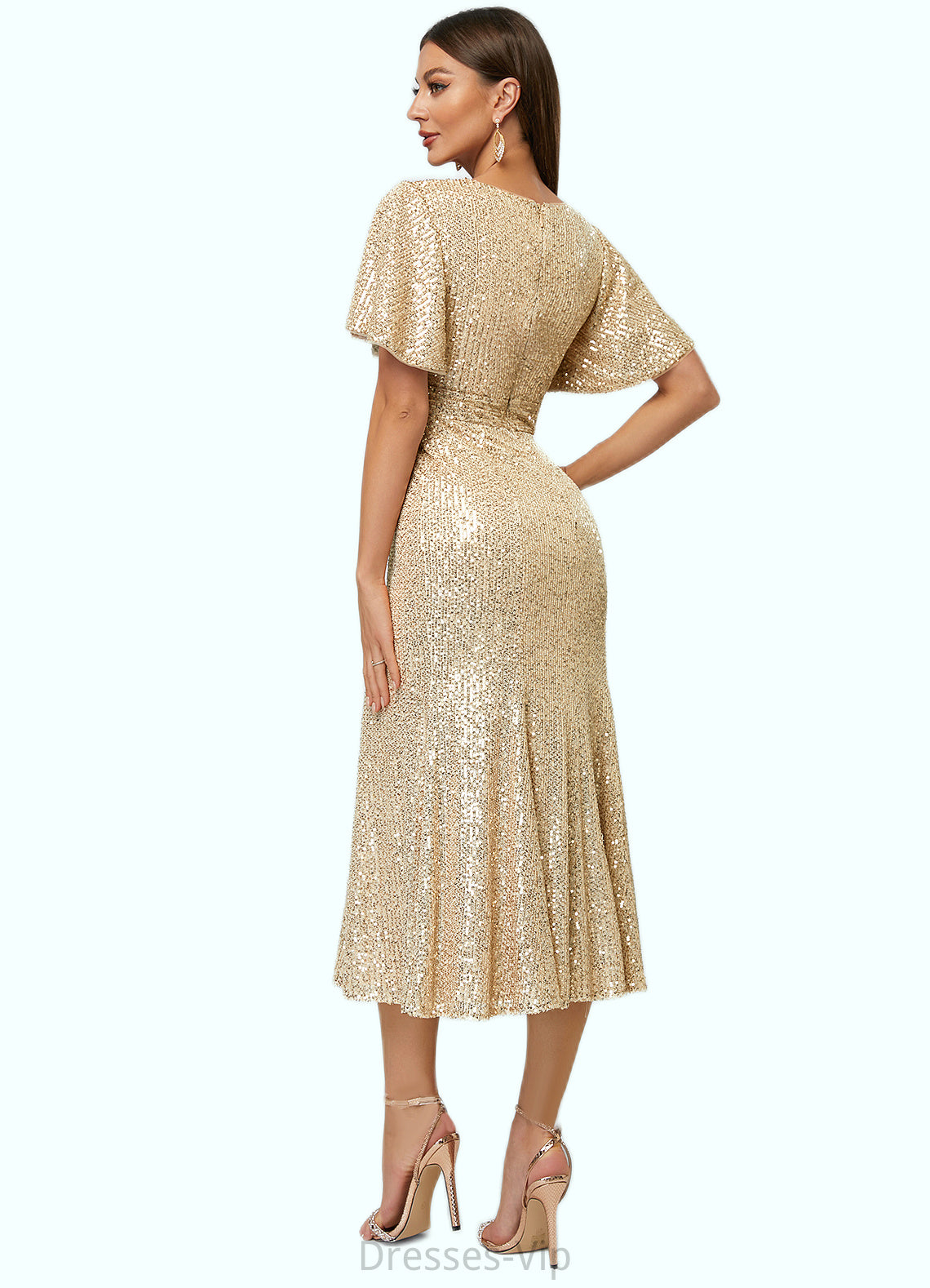 Arely Trumpet/Mermaid V-Neck Tea-Length Sequin Cocktail Dress HPP0022351