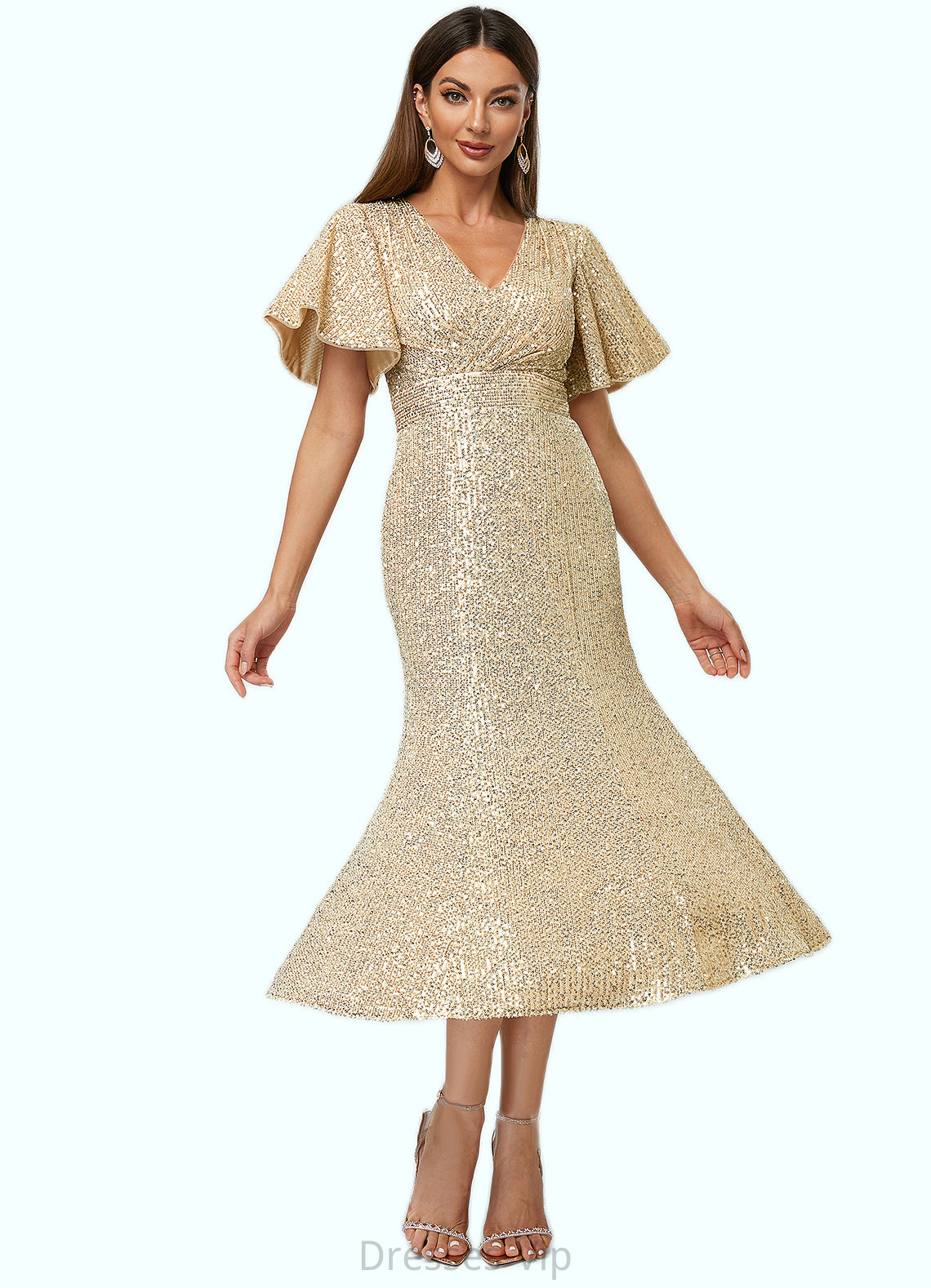 Arely Trumpet/Mermaid V-Neck Tea-Length Sequin Cocktail Dress HPP0022351