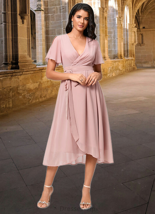 Mckenna A-line V-Neck Asymmetrical Chiffon Cocktail Dress With Bow Pleated HPP0022368