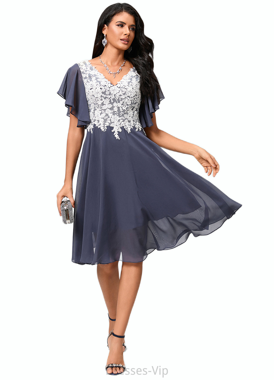 Abagail A-line V-Neck Knee-Length Chiffon Lace Cocktail Dress HPP0022376