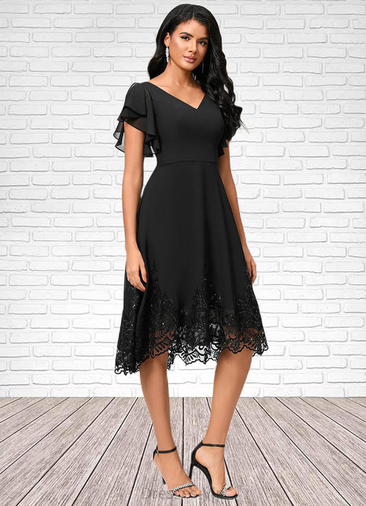 Genevieve A-line V-Neck Asymmetrical Chiffon Lace Cocktail Dress With Sequins HPP0022377