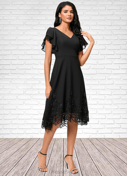 Genevieve A-line V-Neck Asymmetrical Chiffon Lace Cocktail Dress With Sequins HPP0022377