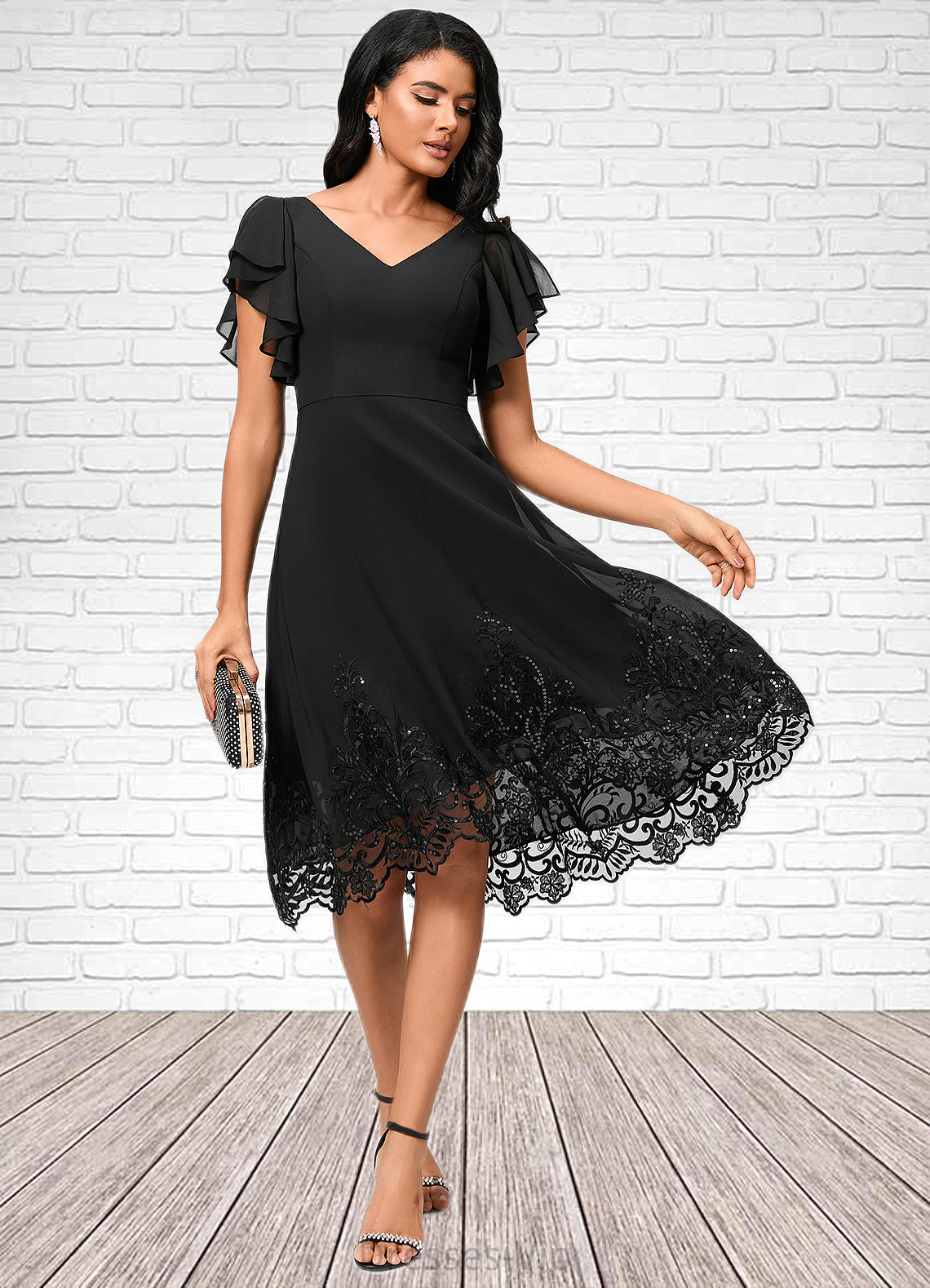 Genevieve A-line V-Neck Asymmetrical Chiffon Lace Cocktail Dress With Sequins HPP0022377