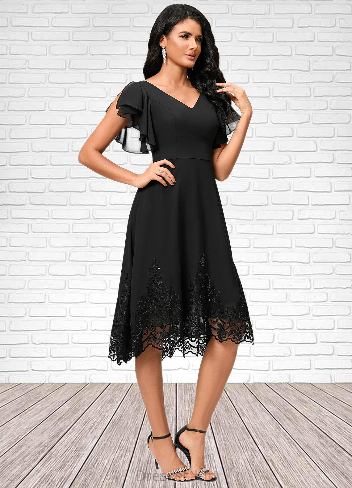 Genevieve A-line V-Neck Asymmetrical Chiffon Lace Cocktail Dress With Sequins HPP0022377