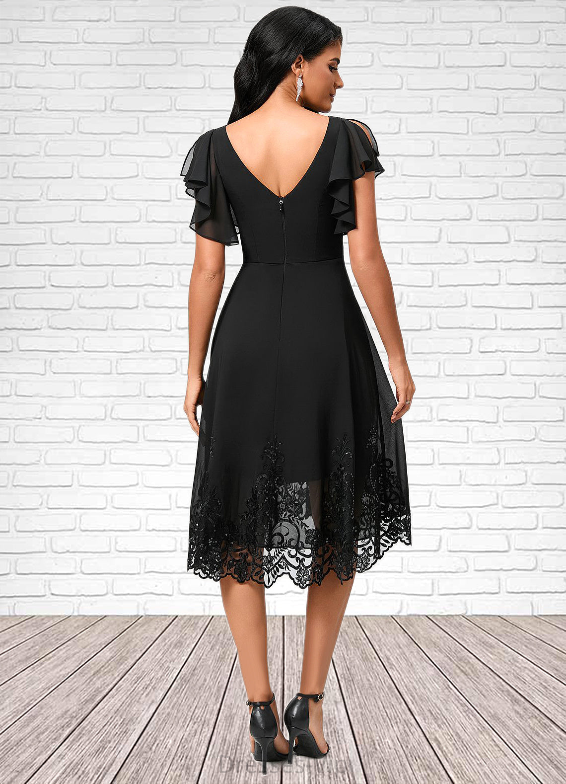 Genevieve A-line V-Neck Asymmetrical Chiffon Lace Cocktail Dress With Sequins HPP0022377