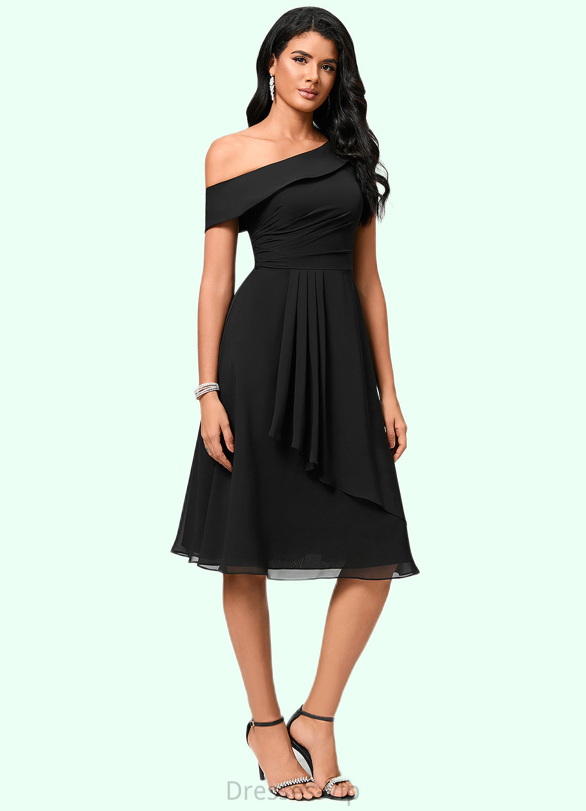 Gretchen A-line One Shoulder Tea-Length Chiffon Cocktail Dress With Ruffle HPP0022378