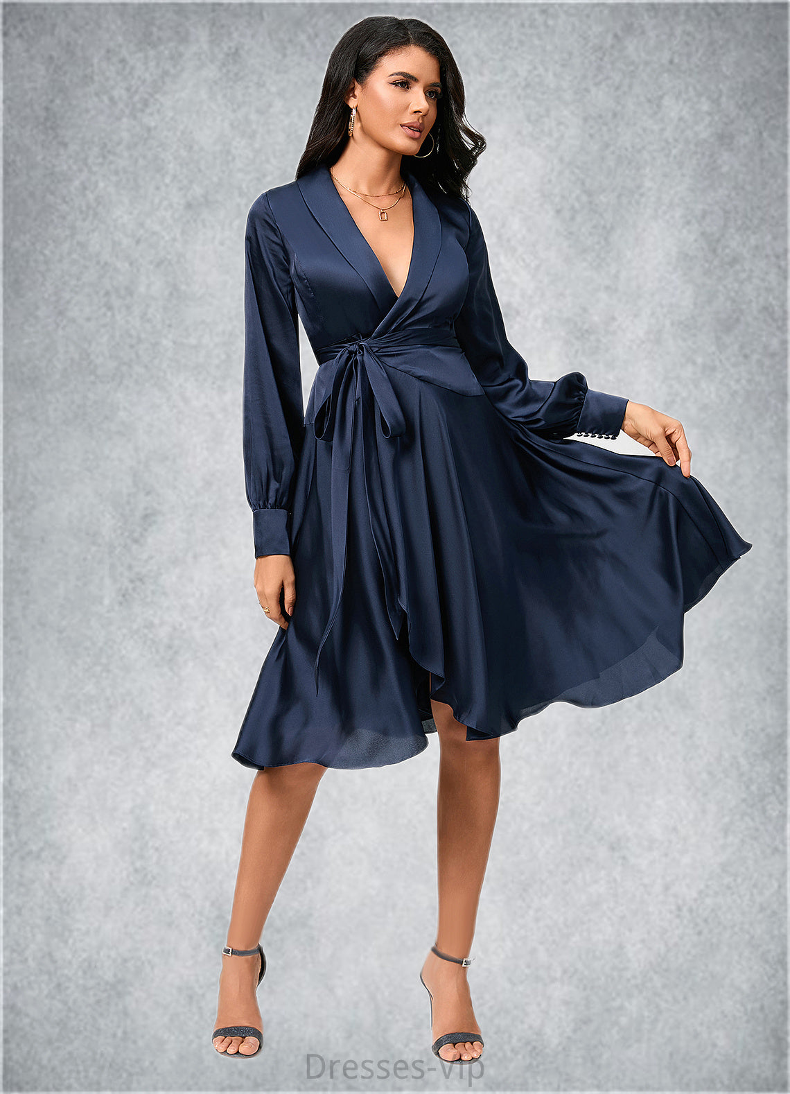 Karissa A-line V-Neck Asymmetrical Silky Satin Cocktail Dress With Bow HPP0022385