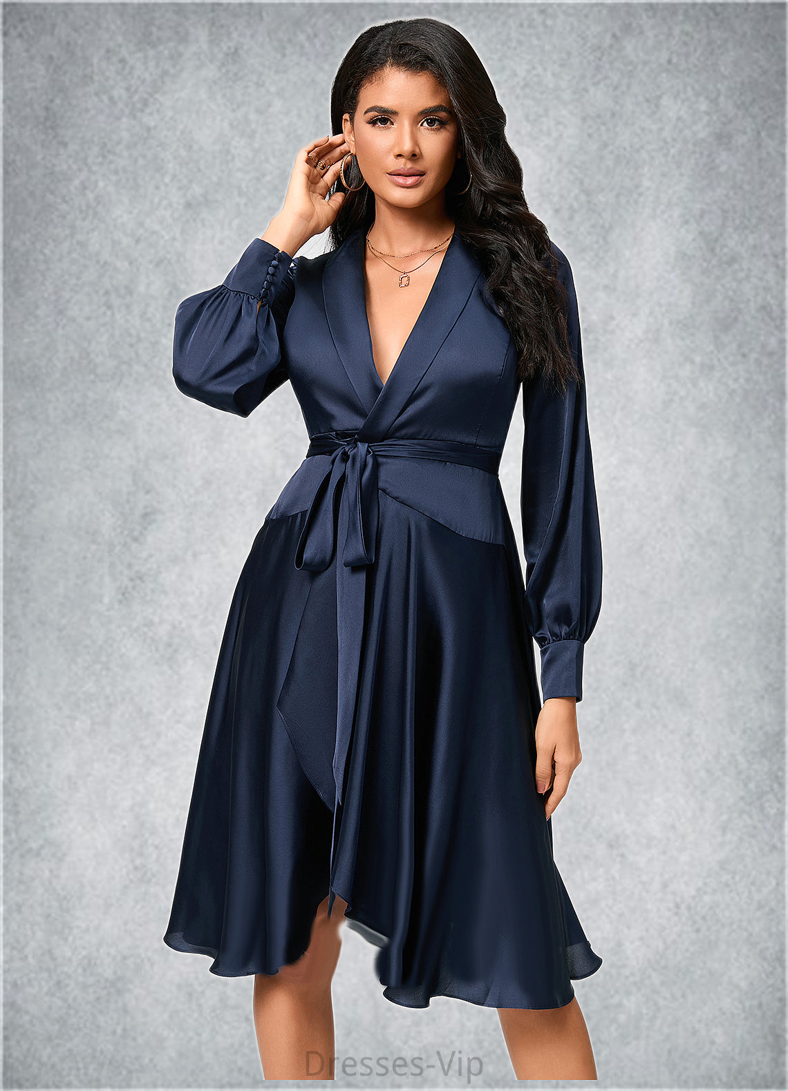 Karissa A-line V-Neck Asymmetrical Silky Satin Cocktail Dress With Bow HPP0022385