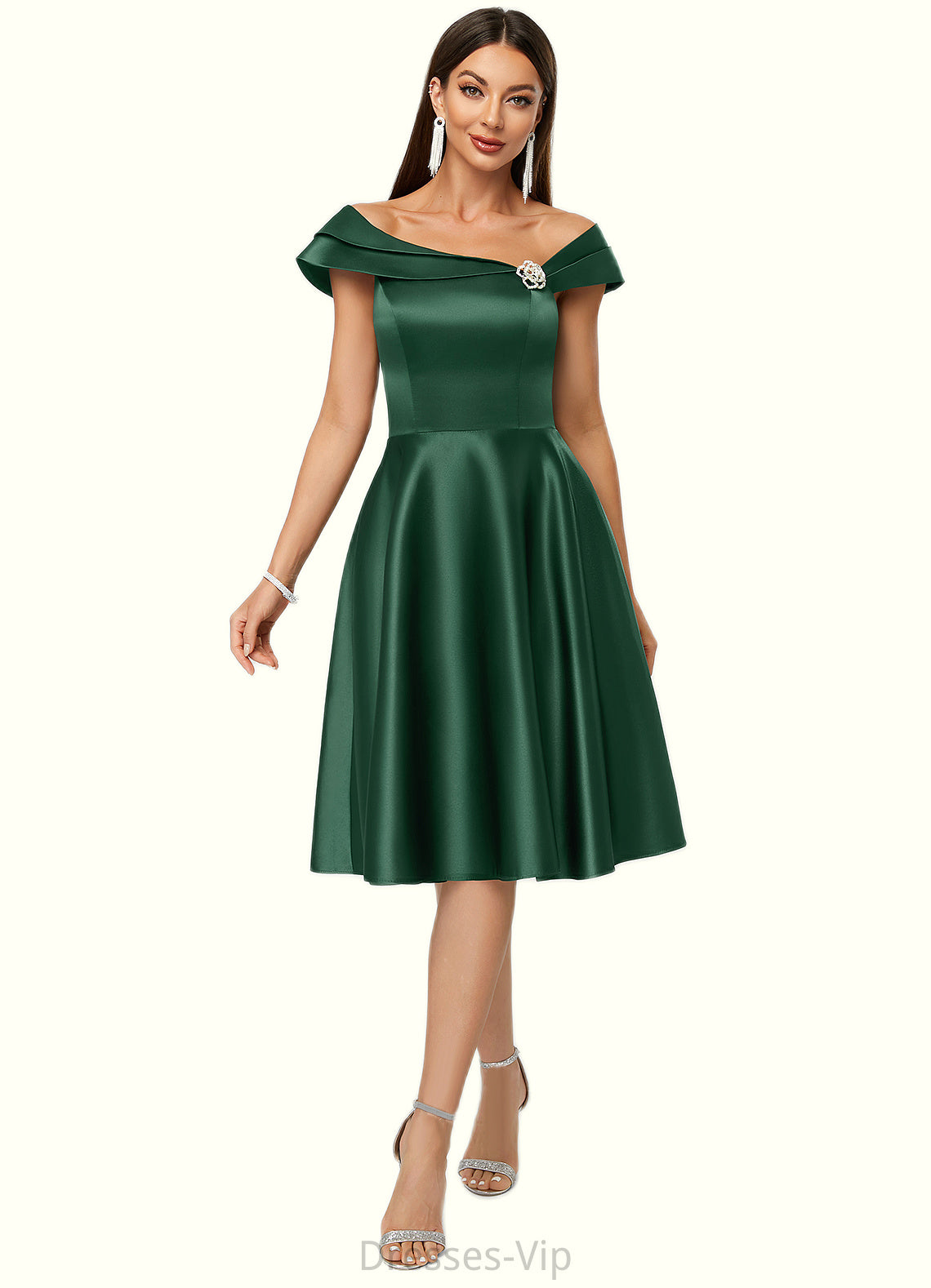 Lesley A-line Asymmetrical Knee-Length Satin Cocktail Dress With Rhinestone Crystal Brooch HPP0022407