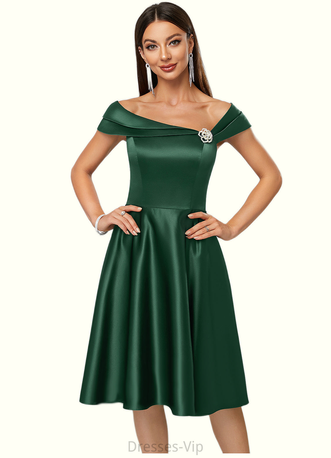 Lesley A-line Asymmetrical Knee-Length Satin Cocktail Dress With Rhinestone Crystal Brooch HPP0022407