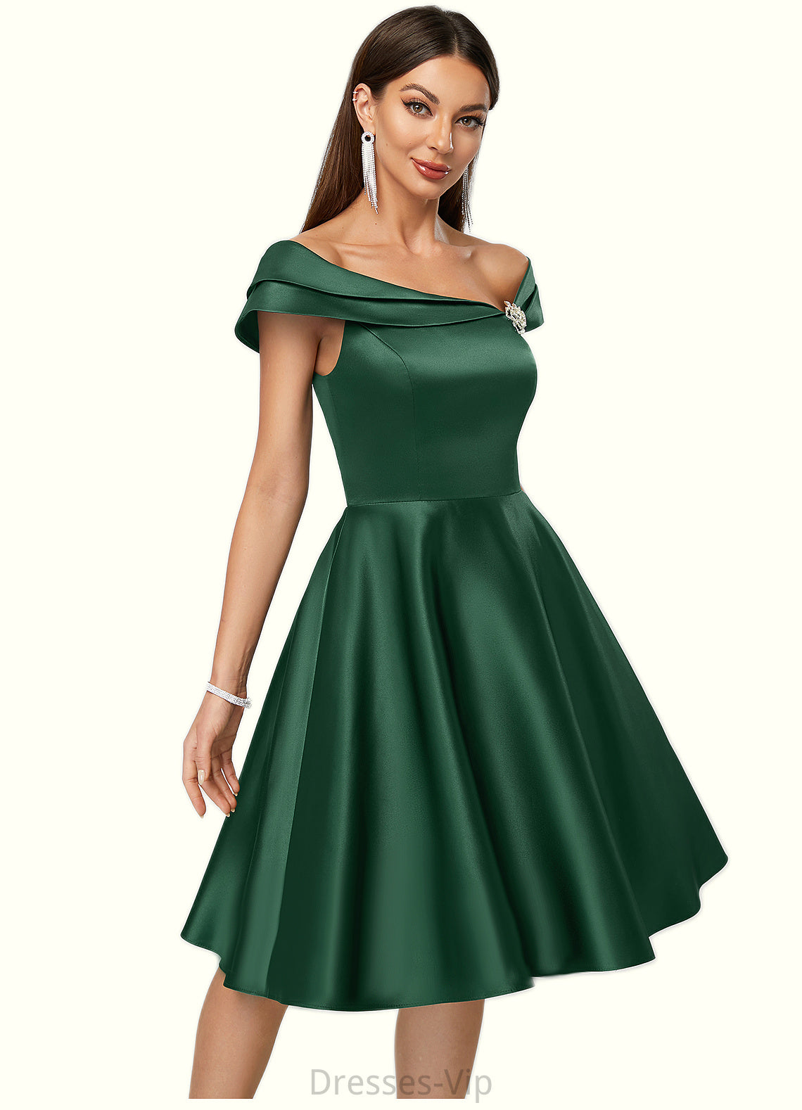 Lesley A-line Asymmetrical Knee-Length Satin Cocktail Dress With Rhinestone Crystal Brooch HPP0022407