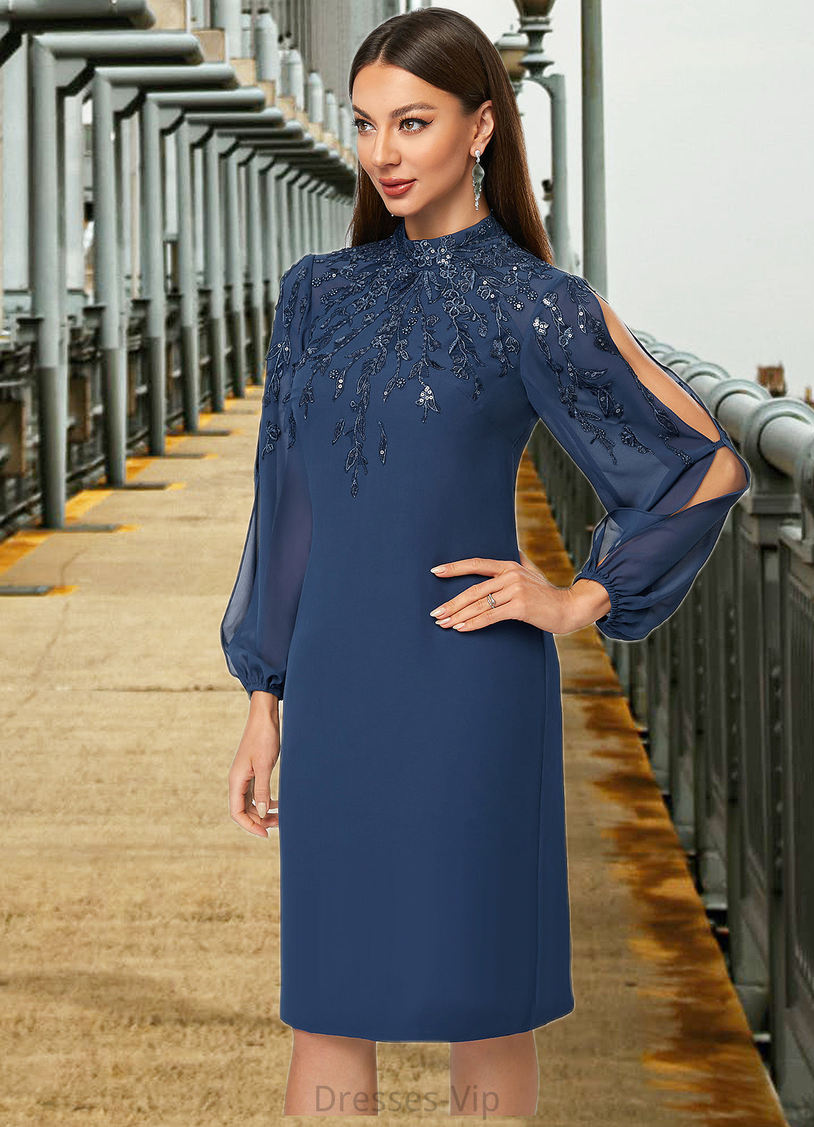 Lorna Sheath/Column High Neck Knee-Length Chiffon Cocktail Dress With Appliques Lace Sequins HPP0022408