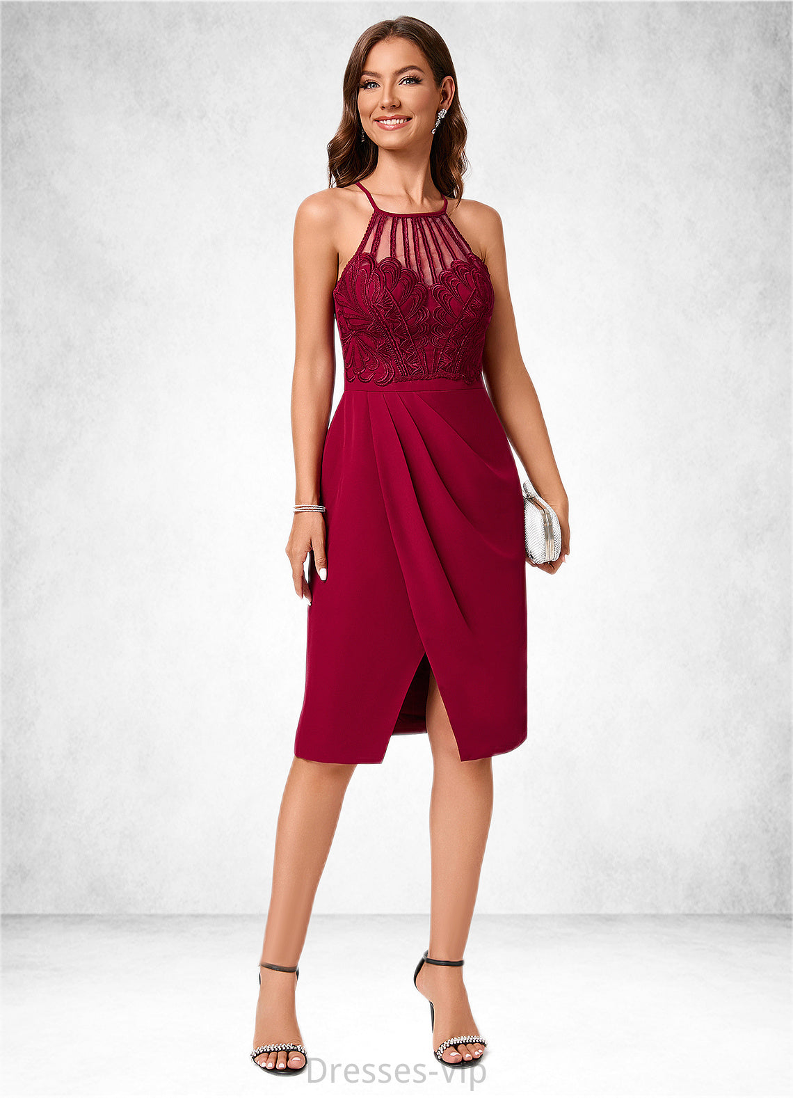 Hedwig Sheath/Column V-Neck Knee-Length Chiffon Lace Cocktail Dress With Ruffle HPP0022421