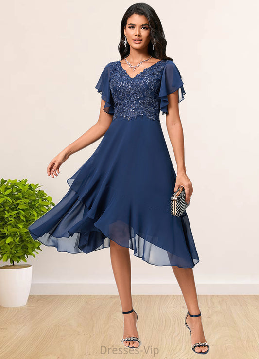 Cloe A-line V-Neck Tea-Length Chiffon Lace Cocktail Dress With Cascading Ruffles HPP0022430